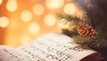 Fir tree branch and festive decor on music sheets, bokeh effect