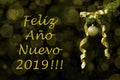 Fir tree branch with golden glitter ball and ribbon on dark background. Bokeh effects. New year greetings postcard Feliz AÃÂ±o Royalty Free Stock Photo