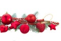 Fir tree branch and red christmas decorations Royalty Free Stock Photo