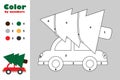 Fir tree on car in cartoon style, color by number, christmas education paper game for the development of children, coloring page,