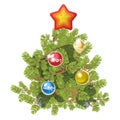 Fir tree decorated with toy balls and star. Isolated on white illustration