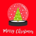 Fir tree icon. Crystal ball with snow. Merry Christmas Greeting card. Flat design. Red background. Isolated Royalty Free Stock Photo