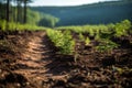 A fir tree plantation, Christmas. Furrows with evenly spaced fir seedlings in black pots. Copy space