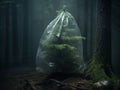 Fir tree smothered by a plastic bag in the middle of a forest