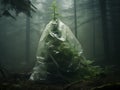 Fir tree smothered by a plastic bag in the middle of a forest