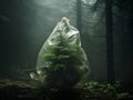 Fir tree smothered by a plastic bag in the middle of a forest