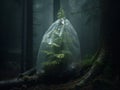 Fir tree smothered by a plastic bag in the middle of a forest