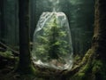 Fir tree smothered by a plastic bag in the middle of a forest