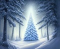 Fir tree in snow glowing in the woods, Christmas tree in enchanted forest. Generative AI illustration