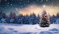 Fir tree in snowy forest at night. 3D Rendering Royalty Free Stock Photo