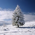 Fir tree stands proudly in the peaceful winter snowscape