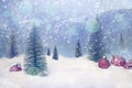 Fir Trees and chalkboard with snow and snowflakes Merry christmas