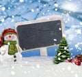 Fir Trees and chalkboard with snow and snowflakes Merry christmas