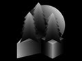 Fir trees and 3d isometric cube. Black and white gradient. Surrealism in gray shades. Vector Royalty Free Stock Photo