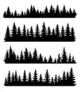 Fir trees silhouettes set. Coniferous or spruce forest horizontal background patterns, black pine woods vector