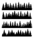 Fir trees silhouettes set. Coniferous or spruce forest horizontal background patterns, black pine woods vector Royalty Free Stock Photo