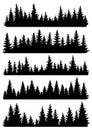 Fir trees silhouettes set. Coniferous or spruce forest horizontal background patterns, black pine woods vector Royalty Free Stock Photo