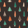 Fir trees vector seamless pattern. Hand drawn spruces on black background. Stylish winter season wallpaper design