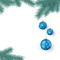 Fir twigs and blue Christmas balls with snowflakes ornament with space for greeting text. Christmas decoration elements Royalty Free Stock Photo