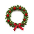 Fir wreath with red Christmas balls, bow and golden stars isolated on white background. Vector design element. Royalty Free Stock Photo