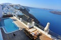 Fira, Santorini island, Greece. Traditional and famous white houses over the Caldera, Aegean sea