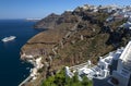 Fira panoramic view, Santorini island with donkey path and cable car from old port, high volcanic rocks in Greece