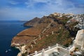 Fira panoramic view, Santorini island with donkey path and cable car from old port Royalty Free Stock Photo