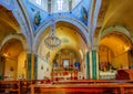 Fira, Santorini / Greece - 05-18-2014: Inside of a beautiful church at boulevard of Fira, Santorini, Greece Royalty Free Stock Photo