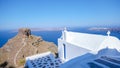 Fira, Santorini island, Greece: Traditional and famous white houses over the Caldera, Aegean sea. Royalty Free Stock Photo