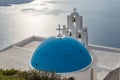 View of the sunset over the caldera, Catholic Church, Fira, Thira, Santorini, Greece Royalty Free Stock Photo