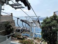 Fira town in Santorini island, cable car and walking donkey road