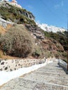 Fira town in Santorini island, cable car and walking donkey road