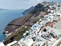 Fira town in Santorini island, cable car and walking donkey road