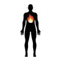 Fire in the abdomen of man. Black silhouette of a young man Royalty Free Stock Photo