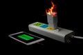 On fire Adapter smart phone charger at plug in power outlet