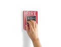 Fire alarm notification appliance, hand pull down fire alarm system switch on the wall by manual for making a loud noise Royalty Free Stock Photo