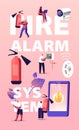 Fire Alarm Safety System Concept. Characters Get Notification from Smartphone of Accident. People with Extinguisher