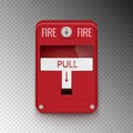 Fire alarm system. Pull danger fire safety box isolated. Break red alarm equipment detector safe detector Royalty Free Stock Photo