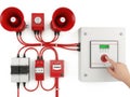 Fire alarm system with sirens, control panel, and manual call point isolated on white background Royalty Free Stock Photo