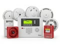Fire alarm system and smoke detectors on white background isolated on white background Royalty Free Stock Photo