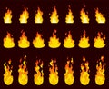 Fire animation sprites. Set of red and orange fire flame. Flames of different shapes. Collection of hot flaming element Royalty Free Stock Photo