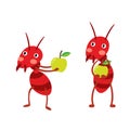 Fire ants with green apples cartoon character.