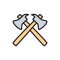 Fire axes, firefighter equipment flat color line icon.