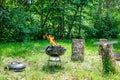 Fire on barbecue charcoal grill. Grilling food on a weber type s Royalty Free Stock Photo