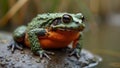 Fire bellied toad with vibrant markings perched on mossy rock in wetland setting Royalty Free Stock Photo
