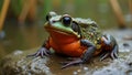 Fire bellied toad with vibrant markings perched on mossy rock in wetland setting Royalty Free Stock Photo