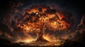 Fire on The Big. Tree Burning Tree in Forest AI Generative