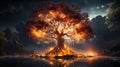 Fire on The Big. Tree Burning Tree in Forest AI Generative