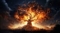 Fire on The Big. Tree Burning Tree in Forest AI Generative
