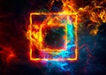 Fire blazing double square engulfed in multi-colored fire and colored plasma. A fantastic illustration of magic portal, frame, on
